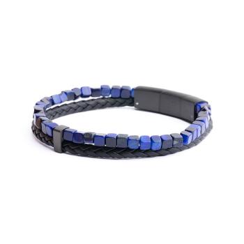 Doppeltes Armband mit schwarzem italienischem Leder und blauem Tigerauge-Stein - Double Night